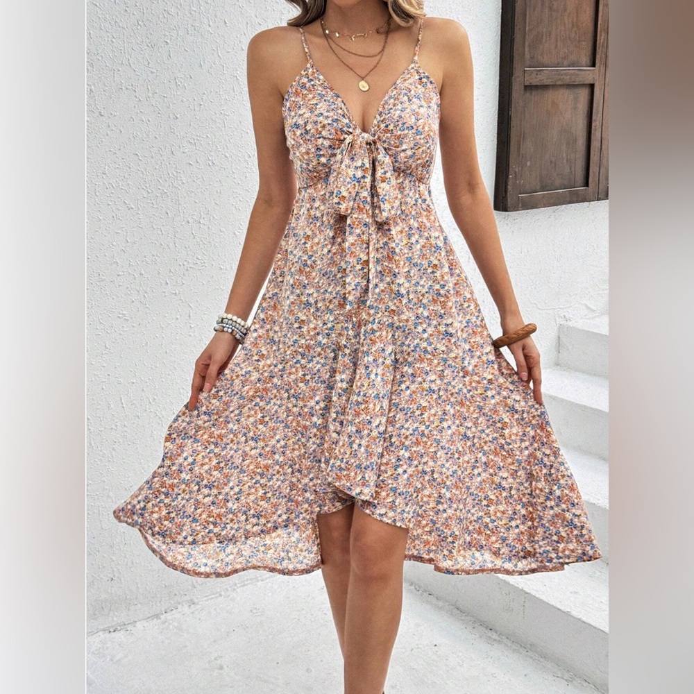 Floral Asymmetrical Hem Spaghetti Strap Midi Dress - Picture 5 of 9
